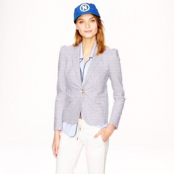 J. Crew Puff Sleeve Blazer in Seersucker - Blue and White Size 12 - Picture 1 of 16